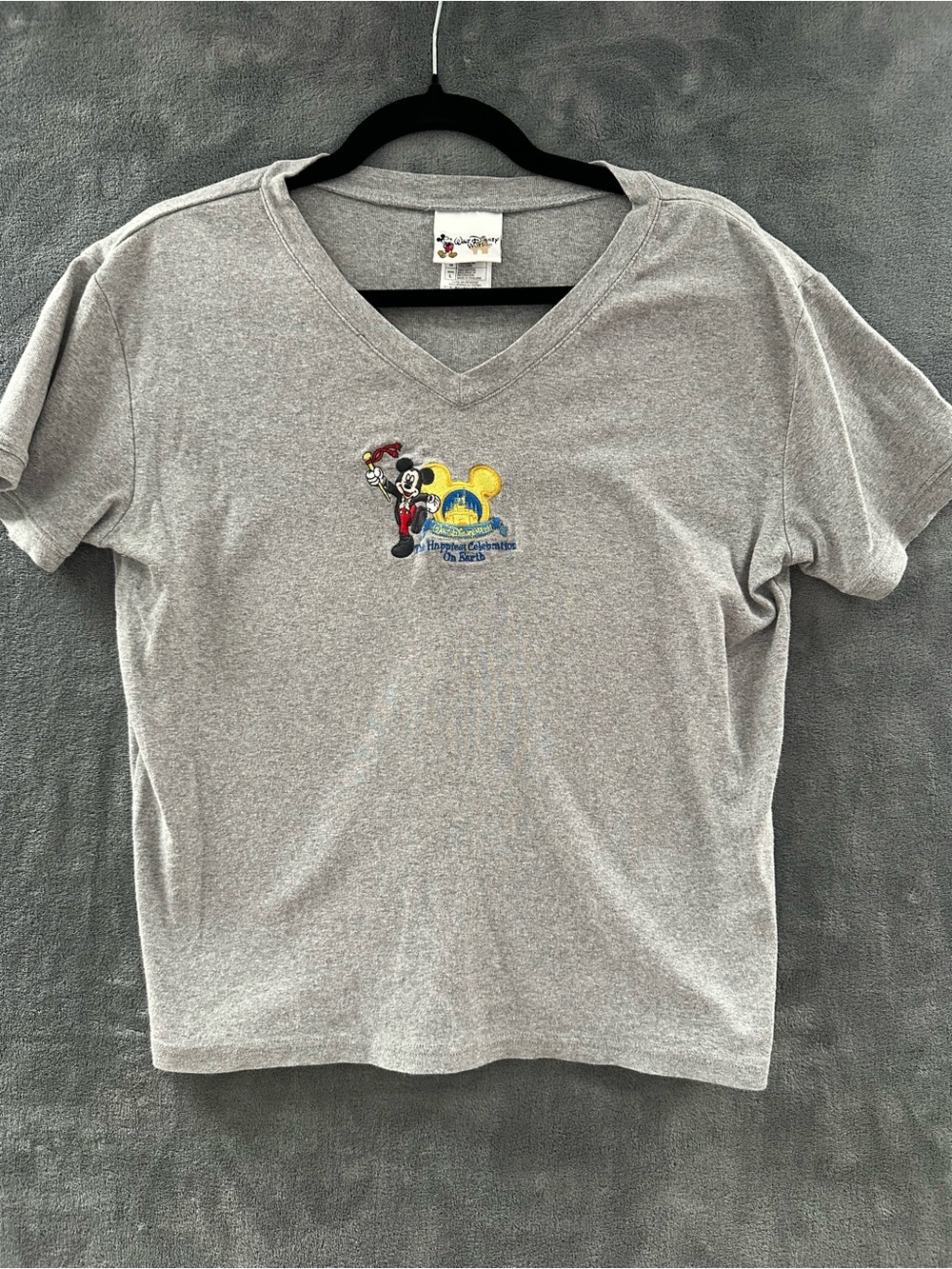 Walt Disney World Grey V-Neck Tee with Mickey and Yellow Accent